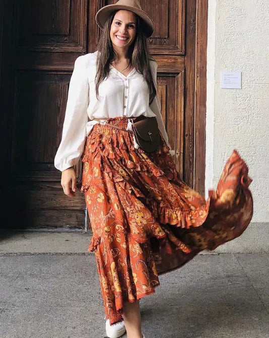 Floral Skirt, Phoenix Tail Skirt, Ruffle Collar Shirt