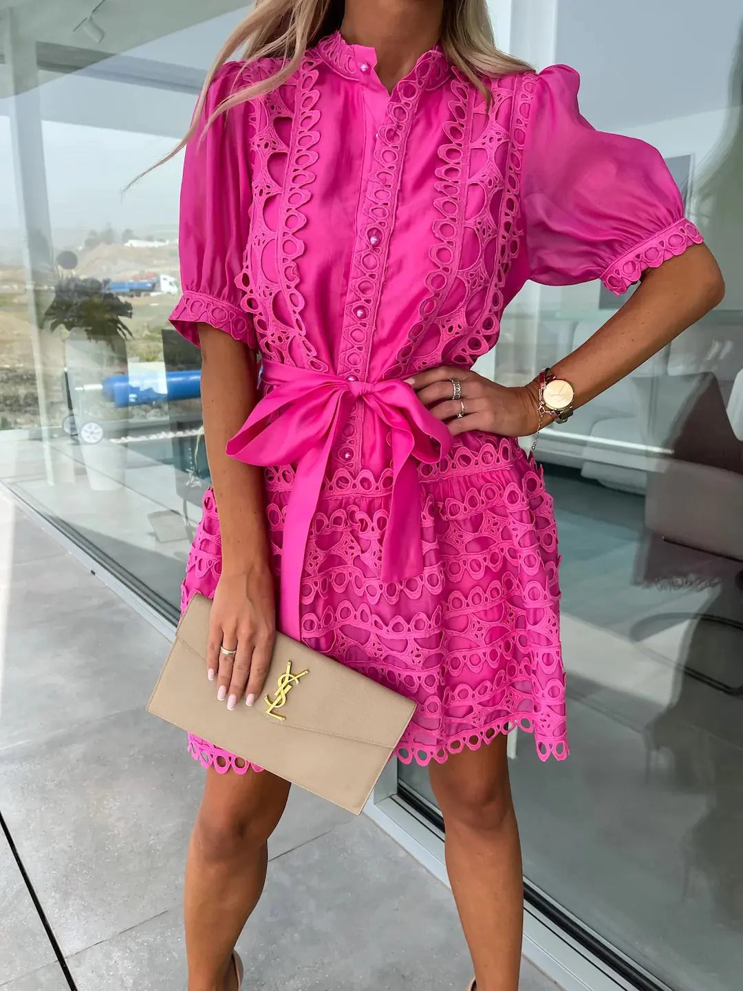 Women's Mini Dress with Fashion Lace Stitching