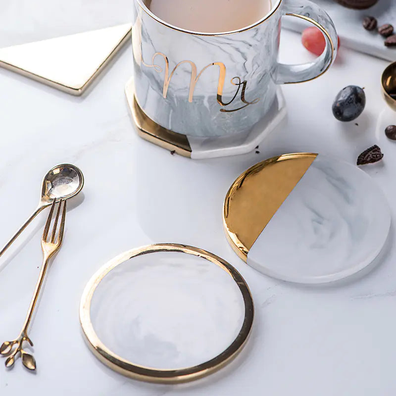 Nordic Style Marble Ceramic Coaster with Gold Edge