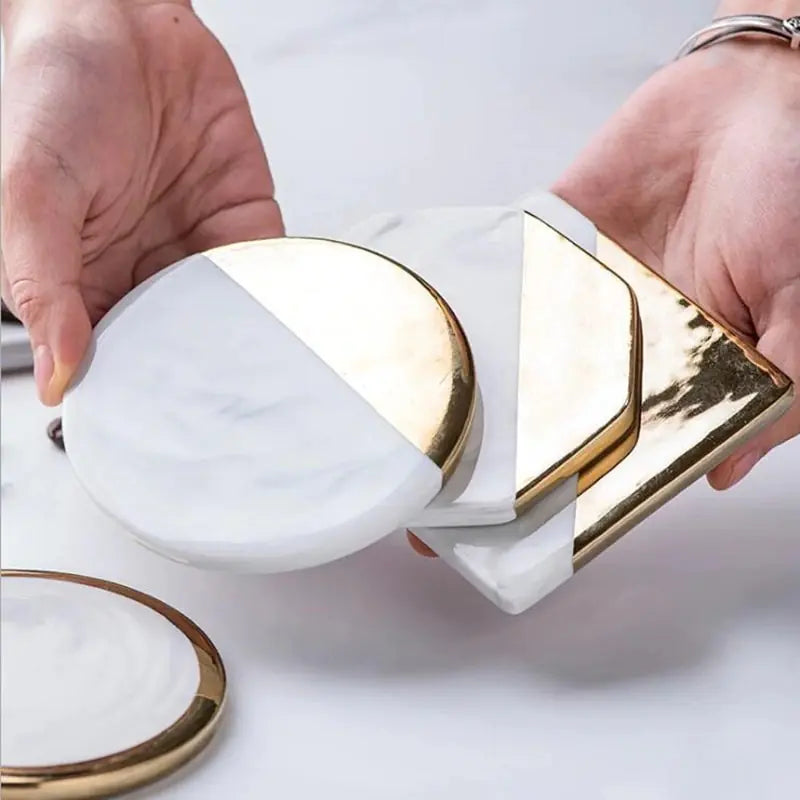 Nordic Style Marble Ceramic Coaster with Gold Edge