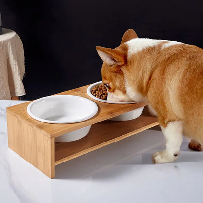 Elevated Dual Ceramic Dog Bowls with Bamboo Stand