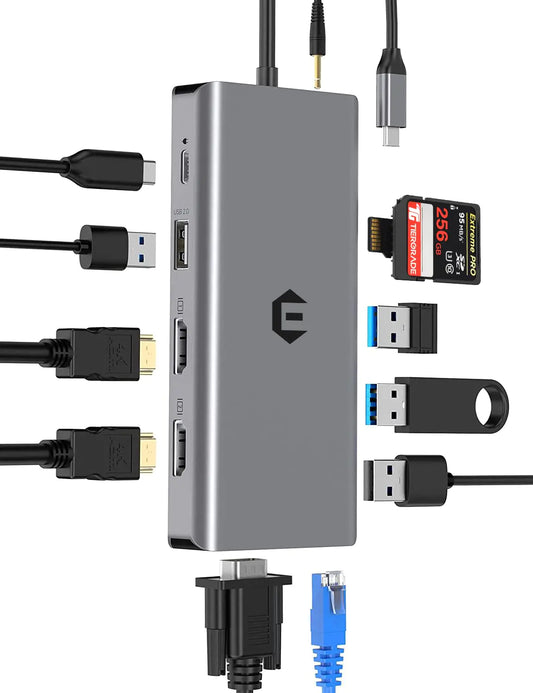 Multiport USB-C Hub 12-in-1 with Dual 4K HDMI and VGA