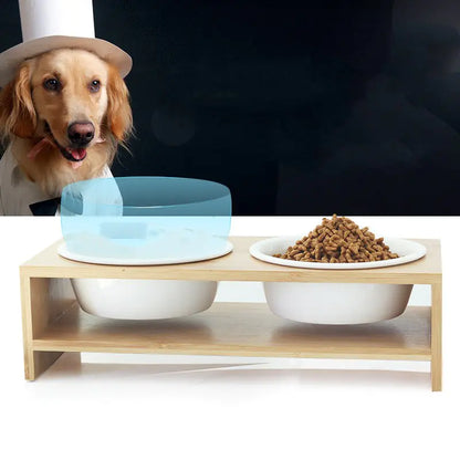 Elevated Dual Ceramic Dog Bowls with Bamboo Stand