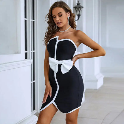 Contrast Strapless Mini Dress with Bow Detail