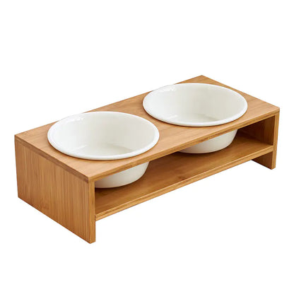 Elevated Dual Ceramic Dog Bowls with Bamboo Stand