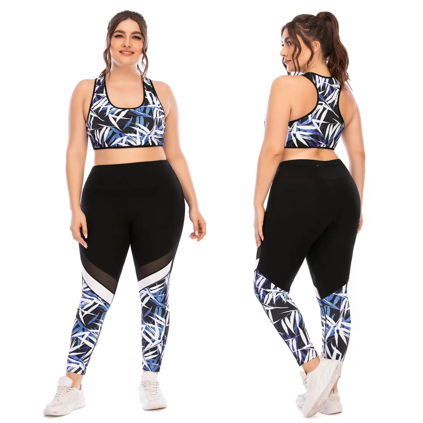 Plus Size Yoga Suit with Tropical Print & Sports Bra