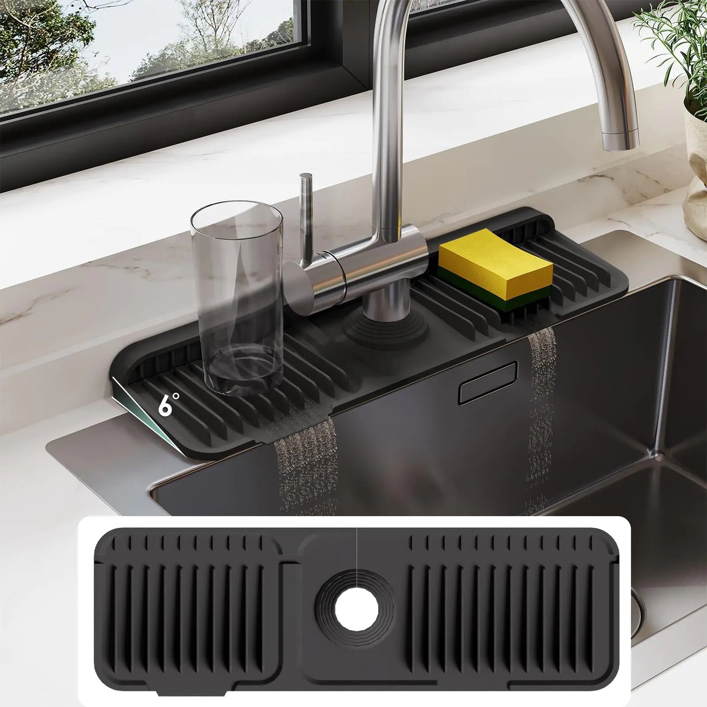 24 Inch Silicone Sink Edge Mat with Slope Drain, Black