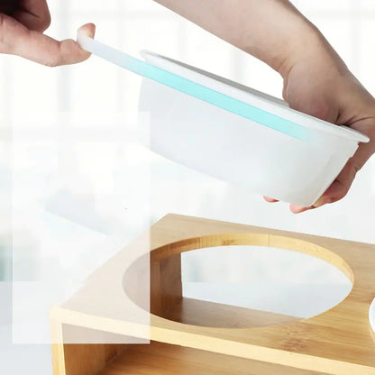Elevated Dual Ceramic Dog Bowls with Bamboo Stand