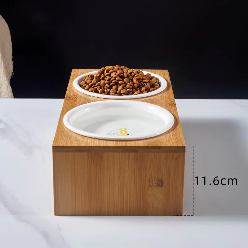 Elevated Dual Ceramic Dog Bowls with Bamboo Stand